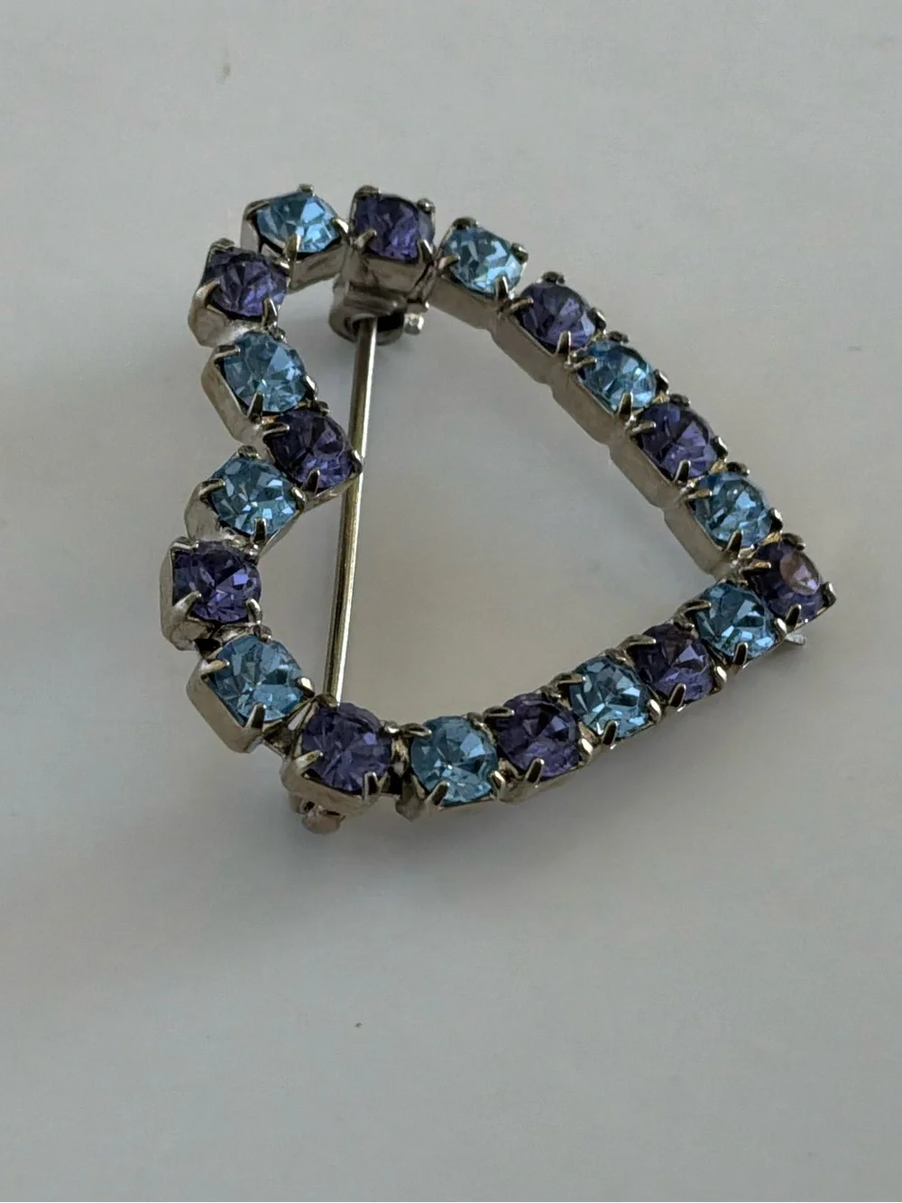 Vintage Open Heart Rhinestone Brooch Blue & Purple Crystal Silver Tone Pin